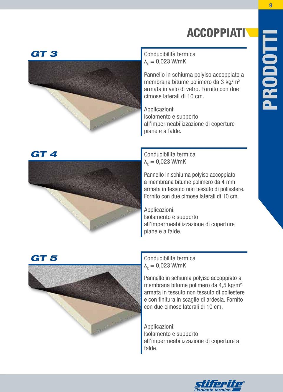 PRODOTTI GT 4 Conducibilità termica = 0,023 W/mK Pannello in schiuma polyiso accoppiato a membrana bitume polimero da 4 mm armata in tessuto non tessuto di poliestere.