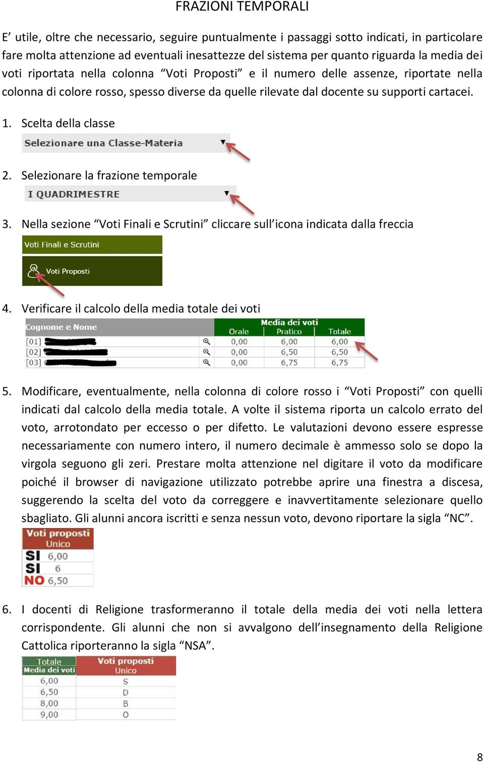 Scelta della classe 2. Selezionare la frazione temporale 3. Nella sezione Voti Finali e Scrutini cliccare sull icona indicata dalla freccia 4. Verificare il calcolo della media totale dei voti 5.