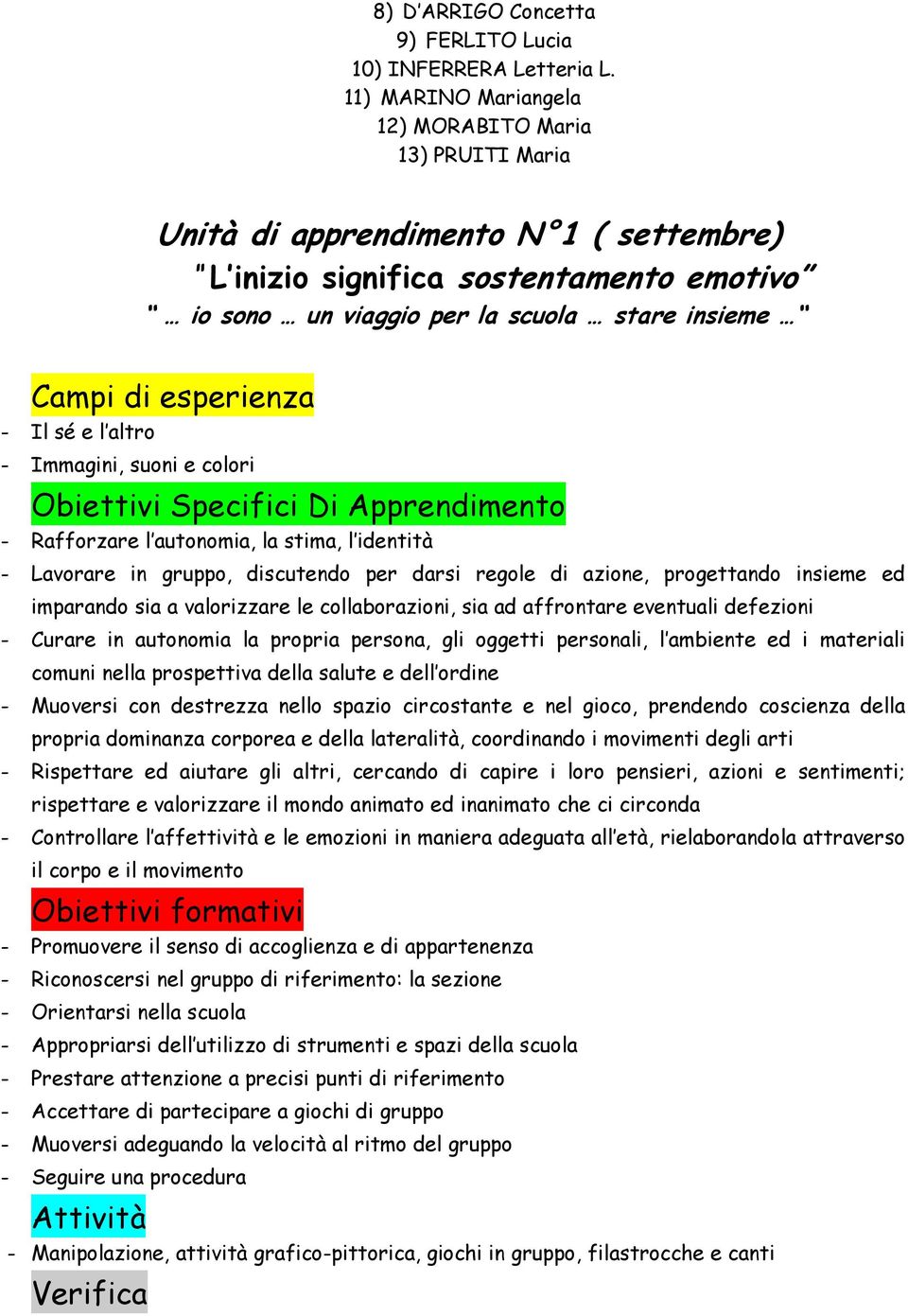 esperienza - Il sé e l altro - Immagini, suoni e colori Obiettivi Specifici Di Apprendimento - Rafforzare l autonomia, la stima, l identità - Lavorare in gruppo, discutendo per darsi regole di