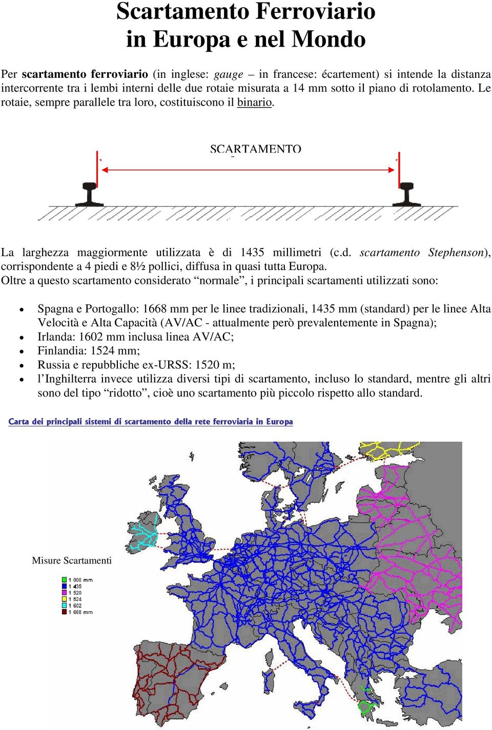 Oltre a questo scartamento considerato normale, i principali scartamenti utilizzati sono: Spagna e Portogallo: 1668 mm per le linee tradizionali, 1435 mm (standard) per le linee Alta Velocità e Alta