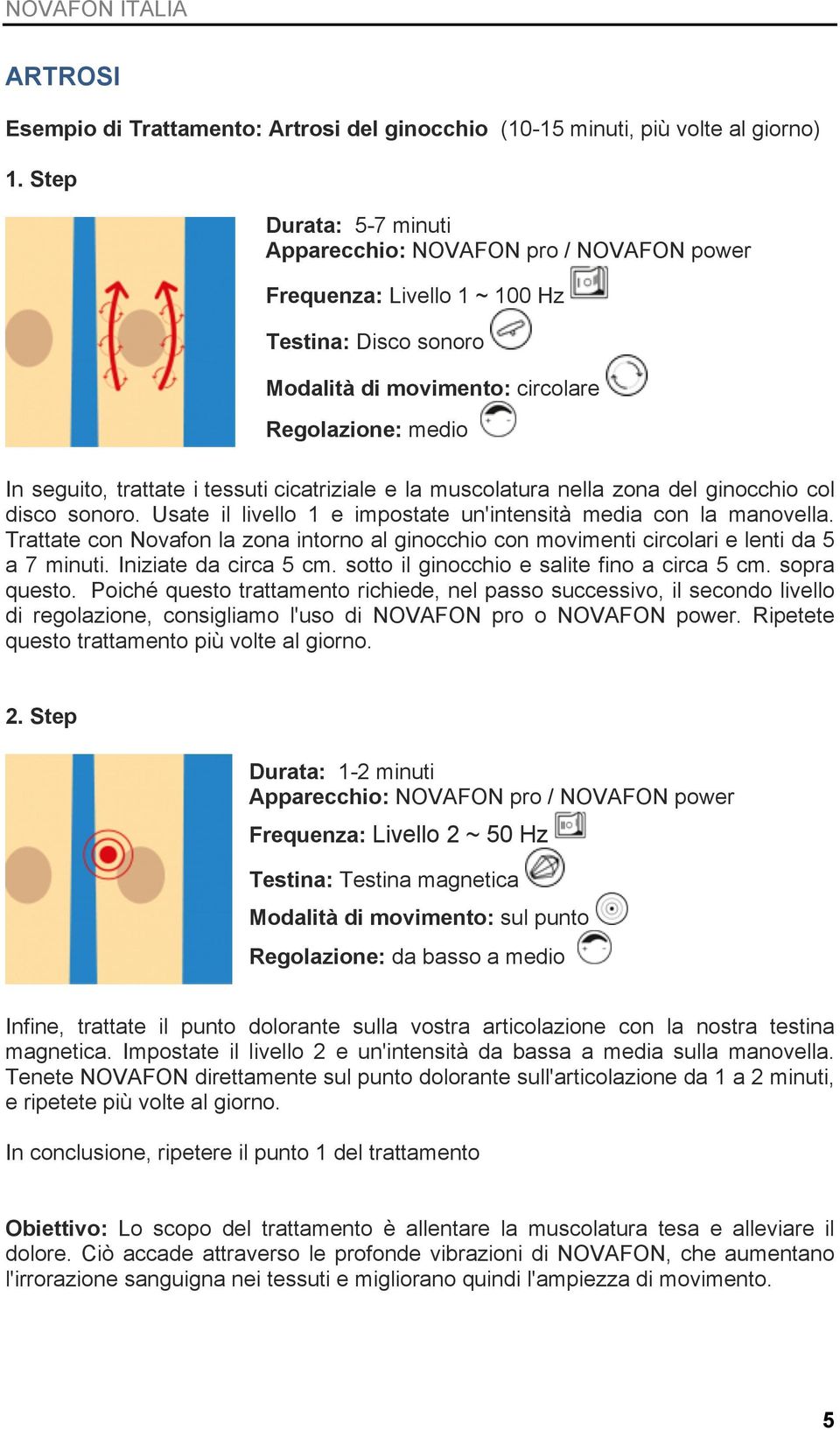 Trattate con Novafon la zona intorno al ginocchio con movimenti circolari e lenti da 5 a 7 minuti. Iniziate da circa 5 cm. sotto il ginocchio e salite fino a circa 5 cm. sopra questo.