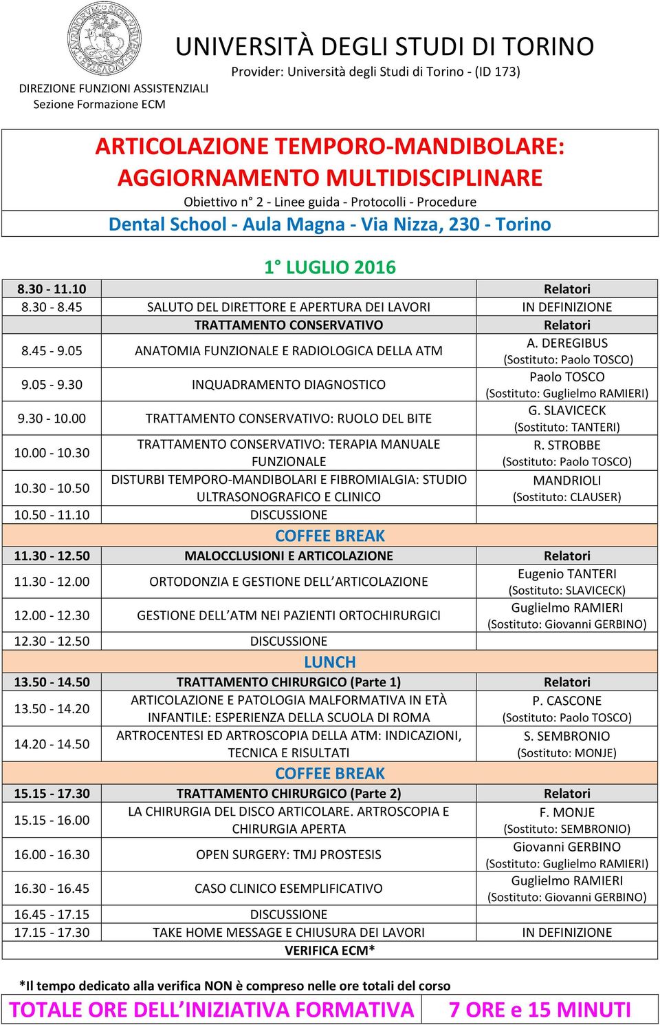 45 SALUTO DEL DIRETTORE E APERTURA DEI LAVORI IN DEFINIZIONE TRATTAMENTO CONSERVATIVO Relatori 8.45-9.05 ANATOMIA FUNZIONALE E RADIOLOGICA DELLA ATM A. DEREGIBUS (Sostituto: Paolo TOSCO) 9.05-9.