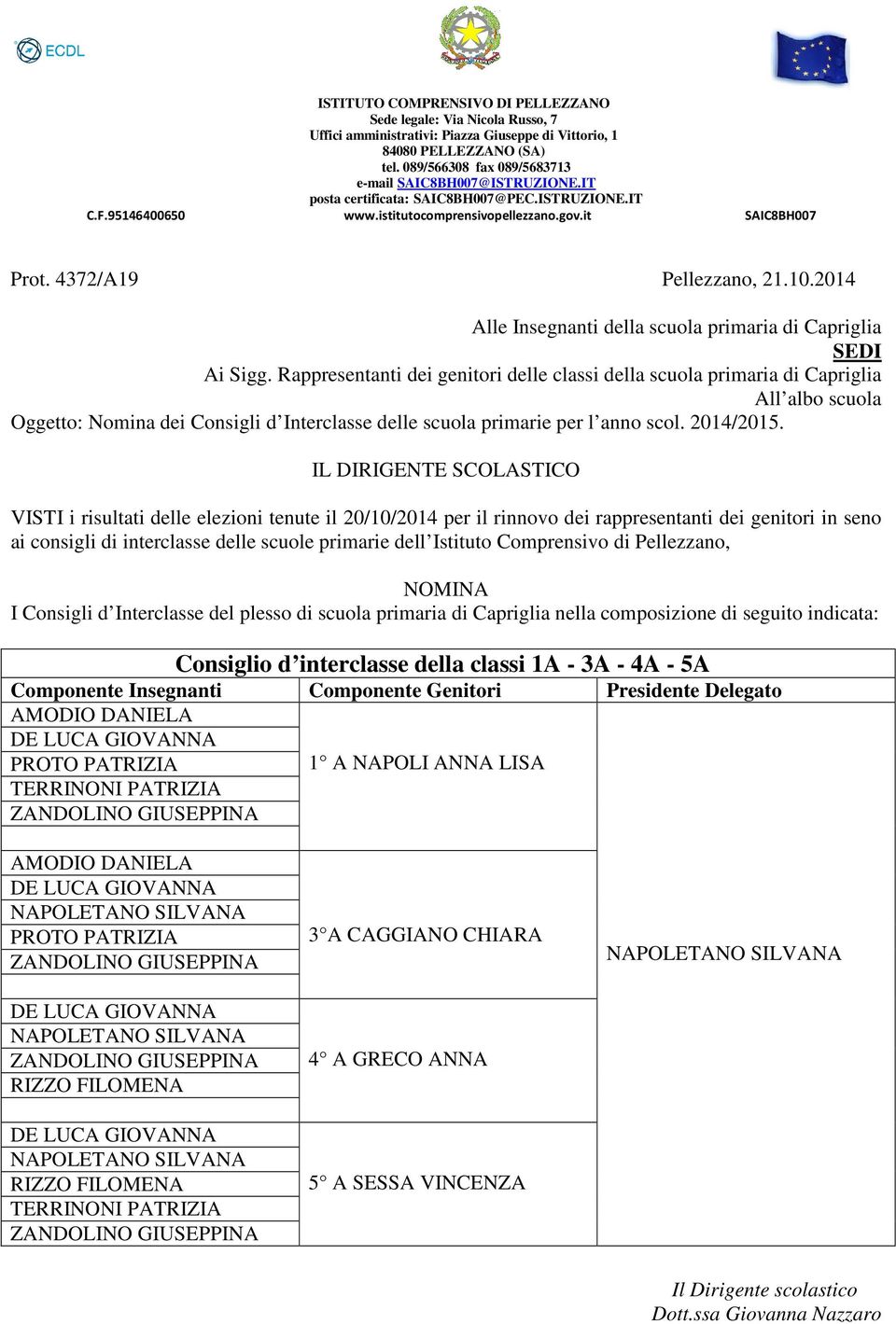 composizione di seguito indicata: Consiglio d interclasse della classi 1A - 3A - 4A - 5A AMODIO DANIELA PROTO PATRIZIA TERRINONI PATRIZIA 1 A NAPOLI ANNA