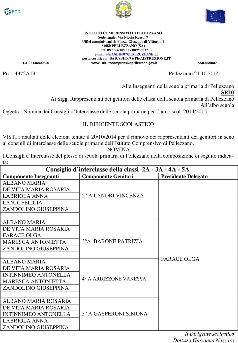 indicata: Consiglio d interclasse della classi 2A - 3A - 4A - 5A ALBANO MARIA DE VITA MARIA ROSARIA LABRIOLA ANNA LANDI FELICIA 2 A LANDRI VINCENZA ALBANO MARIA DE VITA MARIA