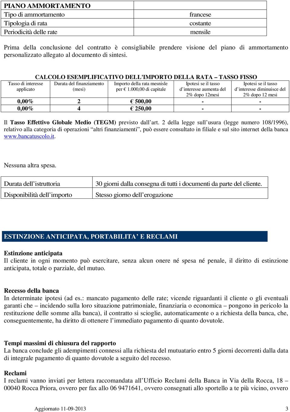 Tasso di interesse applicato CALCOLO ESEMPLIFICATIVO DELL'IMPORTO DELLA RATA TASSO FISSO Durata del finanziamento Importo della rata mesnisle (mesi) per 1.