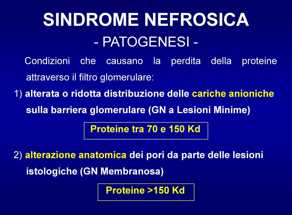 anioniche sulla barriera glomerulare (GN a Lesioni Minime) Proteine tra 70 e 150 Kd 2)
