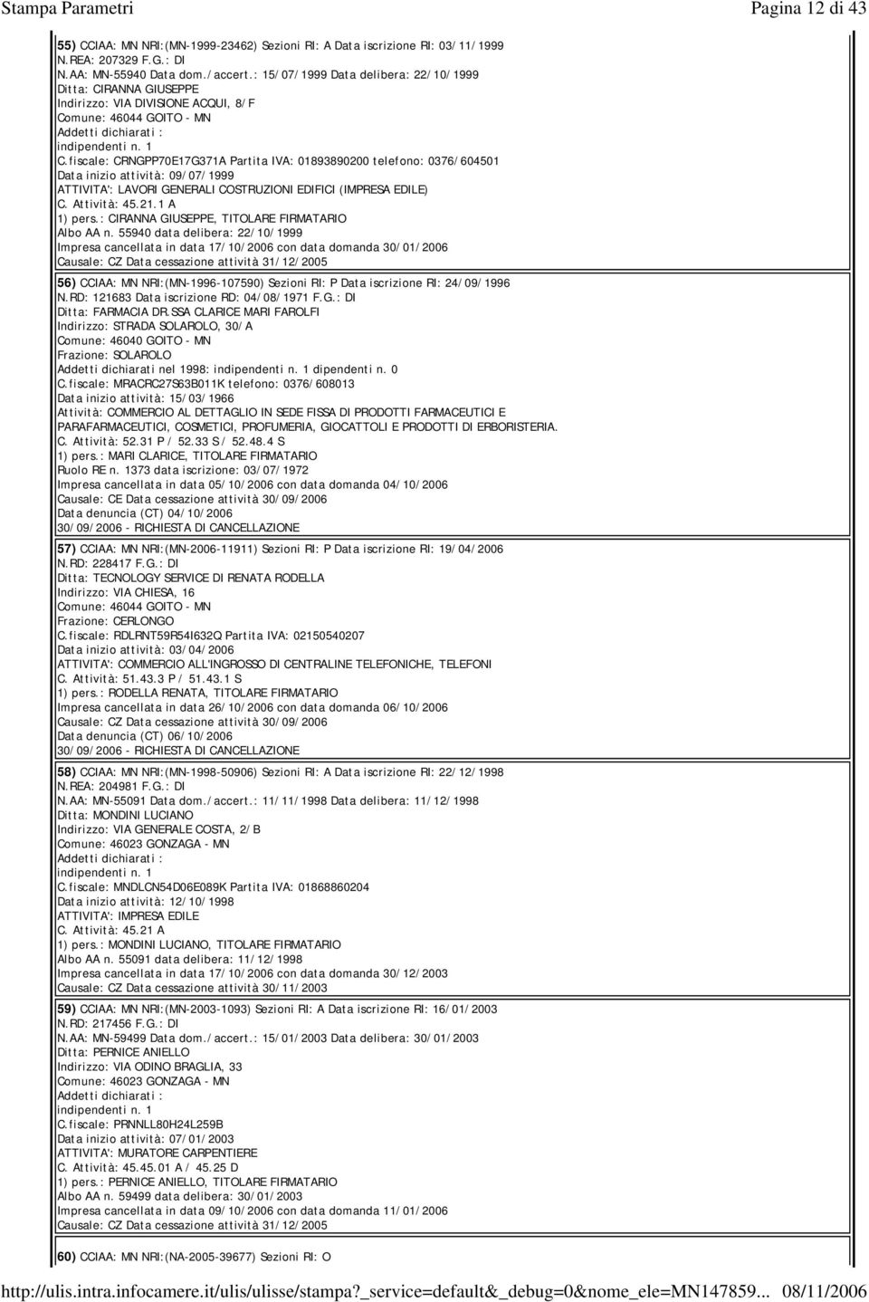 fiscale: CRNGPP70E17G371A Partita IVA: 01893890200 telefono: 0376/604501 Data inizio attività: 09/07/1999 ATTIVITA': LAVORI GENERALI COSTRUZIONI EDIFICI (IMPRESA EDILE) C. Attività: 45.21.1 A 1) pers.