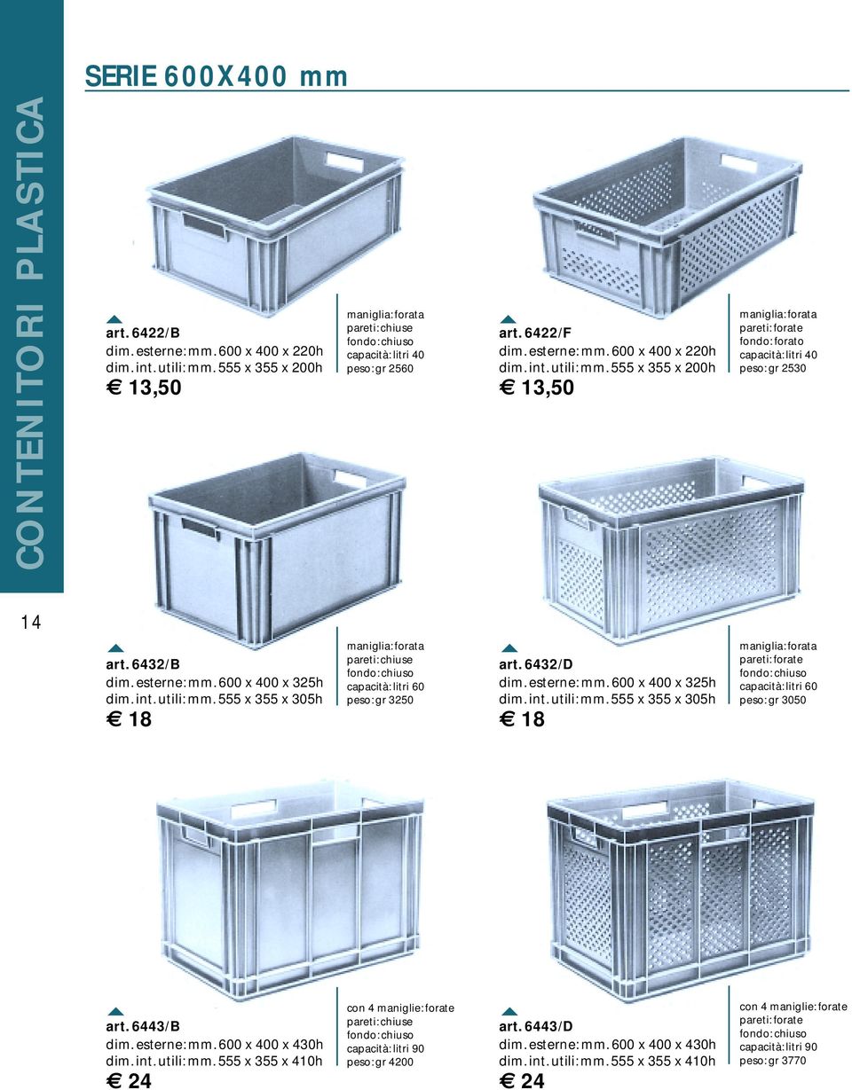 6443/B dim. esterne: mm. 600 x 400 x 430h dim. int. utili: mm. 555 x 355 x 410h 24 con 4 maniglie: forate capacità: litri 90 peso: gr 4200 art. 6443/D dim. esterne: mm. 600 x 400 x 430h dim. int. utili: mm. 555 x 355 x 410h 24 con 4 maniglie: forate pareti: forate capacità: litri 90 peso: gr 3770