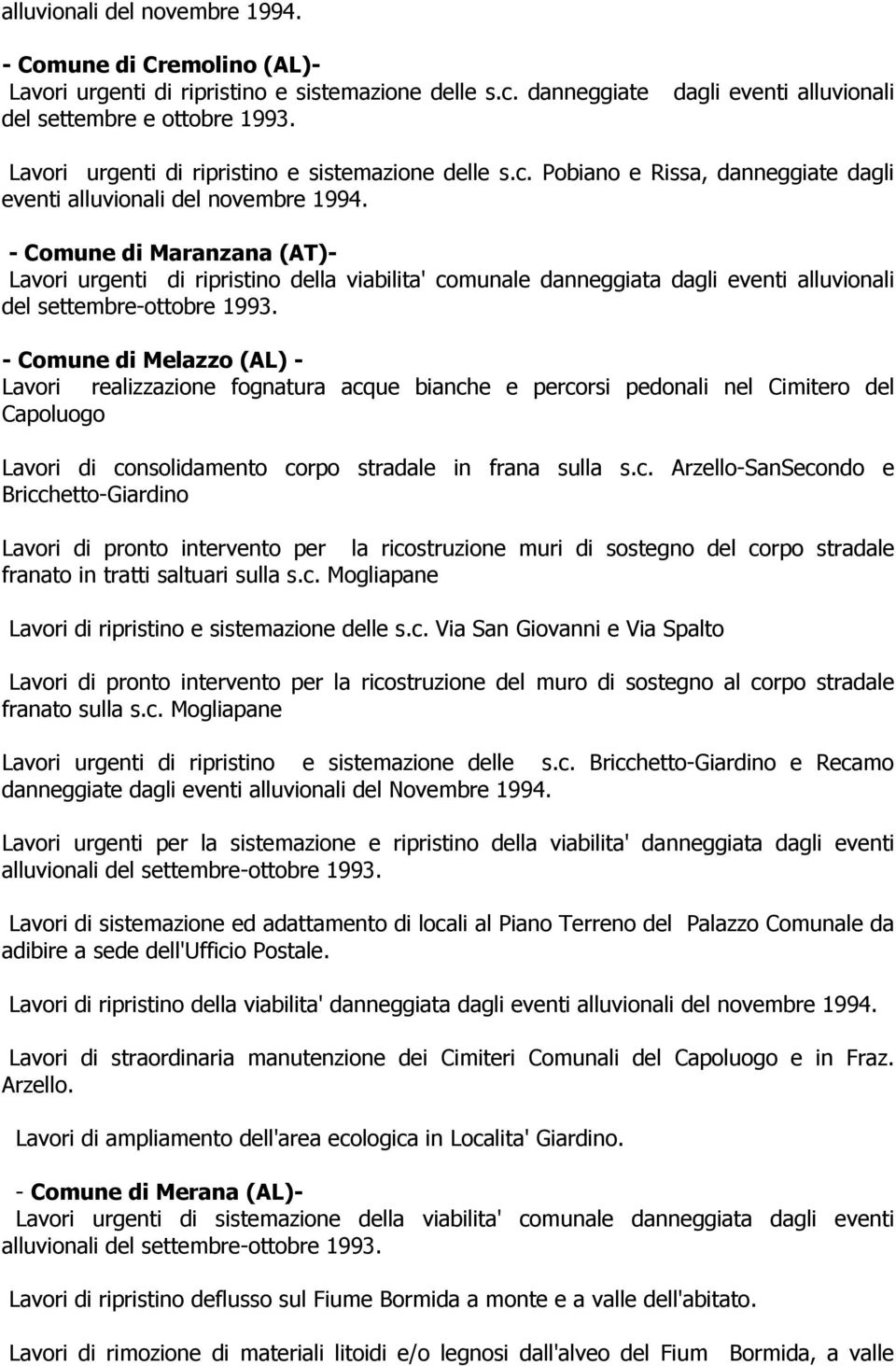 - Comune di Maranzana (AT)- Lavori urgenti di ripristino della viabilita' comunale danneggiata dagli eventi alluvionali del settembre-ottobre 1993.