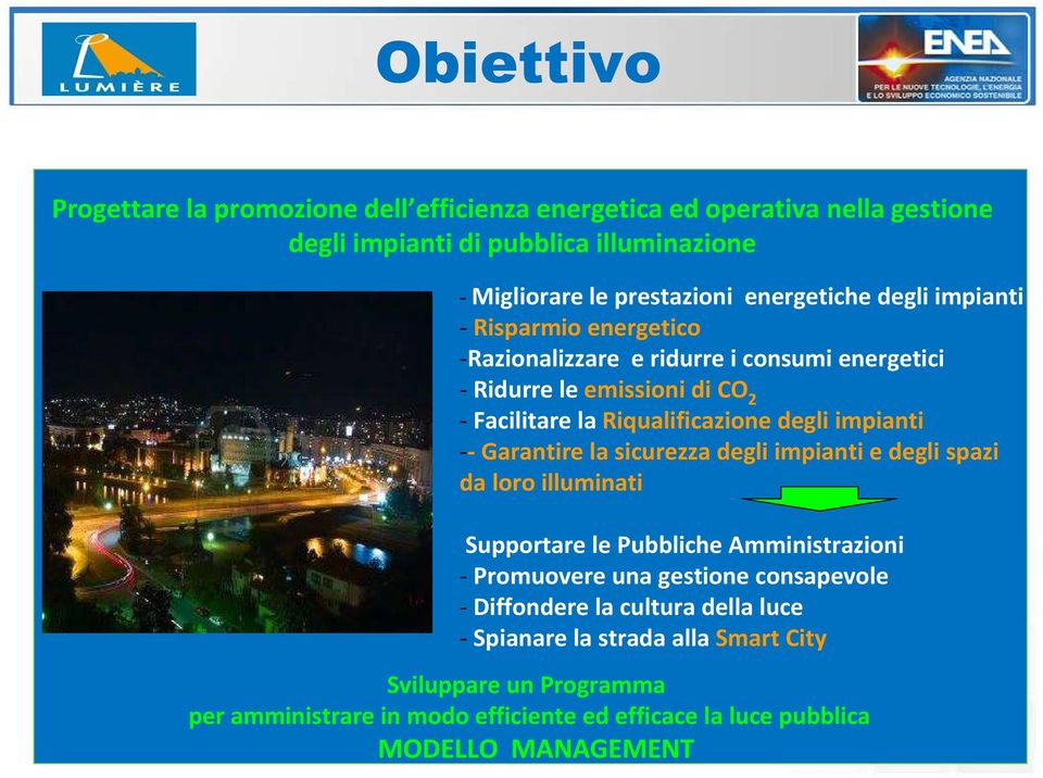 impianti --Garantire la sicurezza degli impianti e degli spazi da loro illuminati Supportare le Pubbliche Amministrazioni - Promuovere una gestione consapevole -