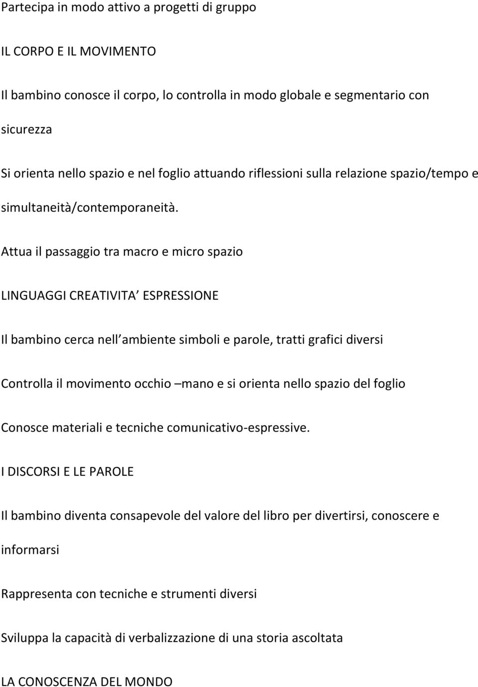 Attua il passaggio tra macro e micro spazio LINGUAGGI CREATIVITA ESPRESSIONE Il bambino cerca nell ambiente simboli e parole, tratti grafici diversi Controlla il movimento occhio mano e si orienta