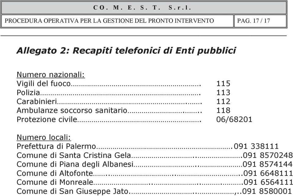 06/68201 Numero locali: Prefettura di Palermo. 091 338111 Comune di Santa Cristina Gela.