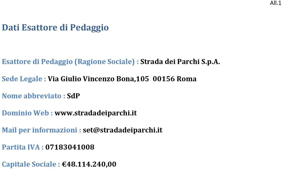 Sede Legale : Via Giulio Vincenzo Bona,105 00156 Roma Nome abbreviato : SdP