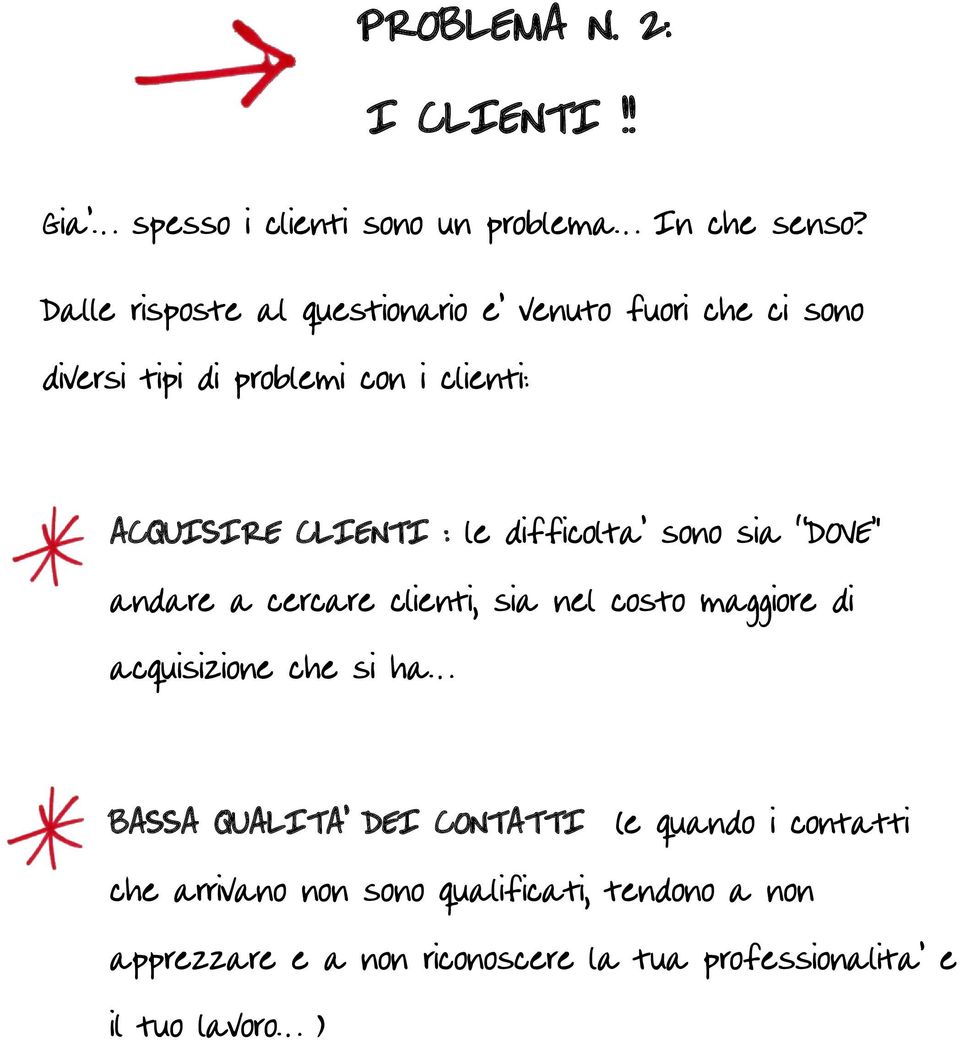 : le difficolta sono sia DOVE andare a cercare clienti, sia nel costo maggiore di acquisizione che si ha BASSA