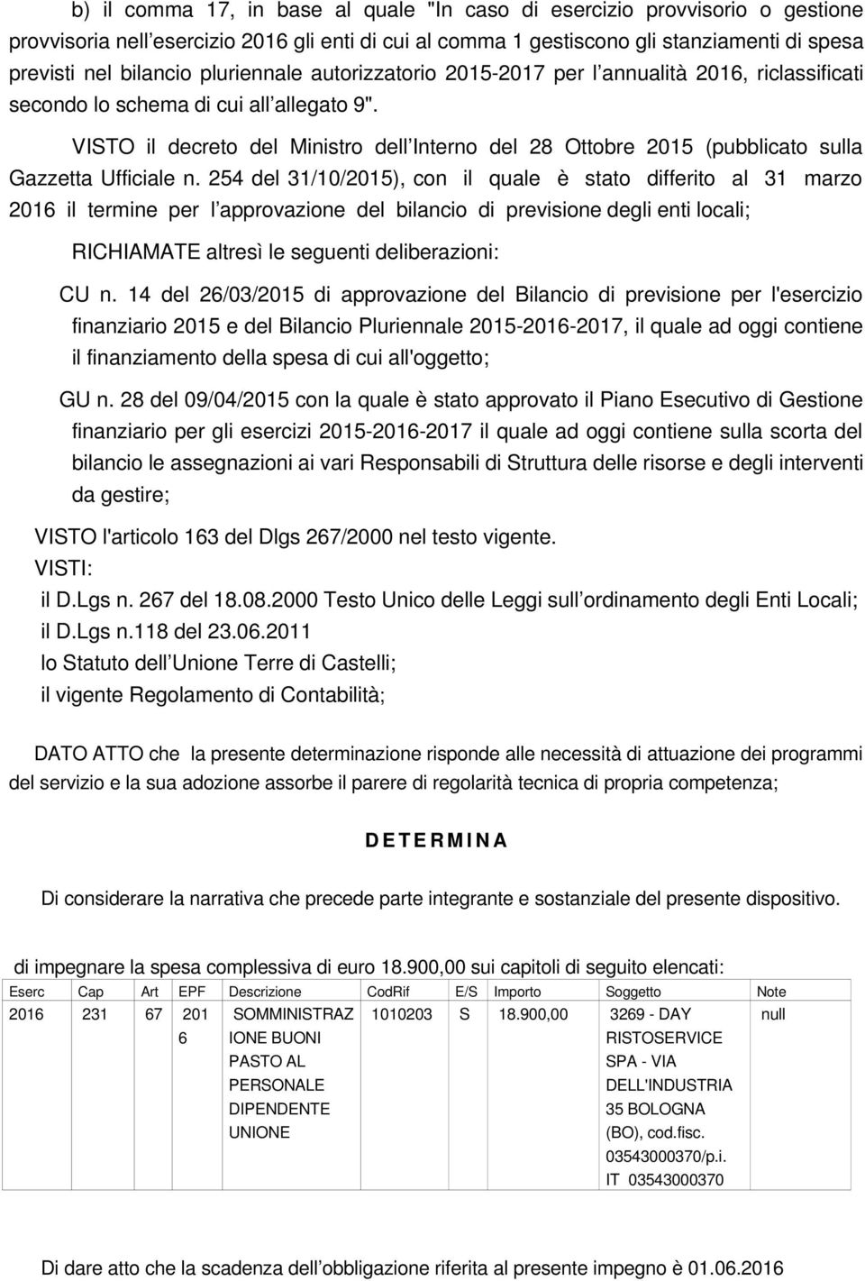 VISTO il decreto del Ministro dell Interno del 28 Ottobre 2015 (pubblicato sulla Gazzetta Ufficiale n.