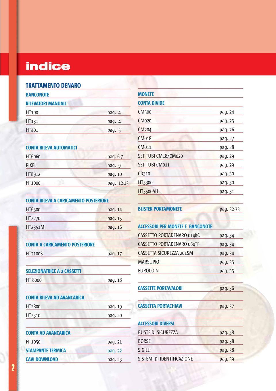 18 CONTA RILEVA AD AVANCARICA HT2800 pag. 19 HT2310 pag. 20 CONTA AD AVANCARICA HT1050 pag. 21 STAMPANTE TERMICA pag. 22 CAVI DOWNLOAD pag. 23 MONETE CONTA DIVIDE CM500 pag. 24 CM020 pag.