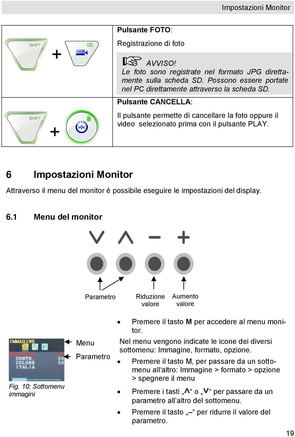 6 Impostazioni Monitor Attraverso il menu del monitor è possibile eseguire le impostazioni del display. 6.1 Menu del monitor Parametro Riduzione valore Aumento valore Fig.