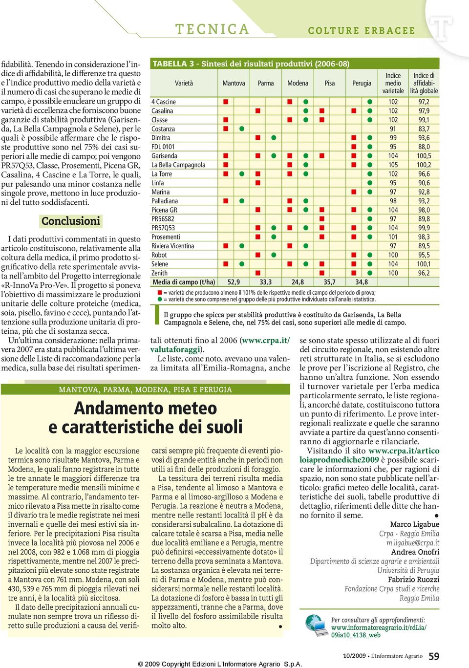 gruppo di varietà di eccellenza che forniscono buone garanzie di stabilità produttiva (Garisenda, La Bella Campagnola e Selene), per le quali è possibile affermare che le risposte produttive sono nel