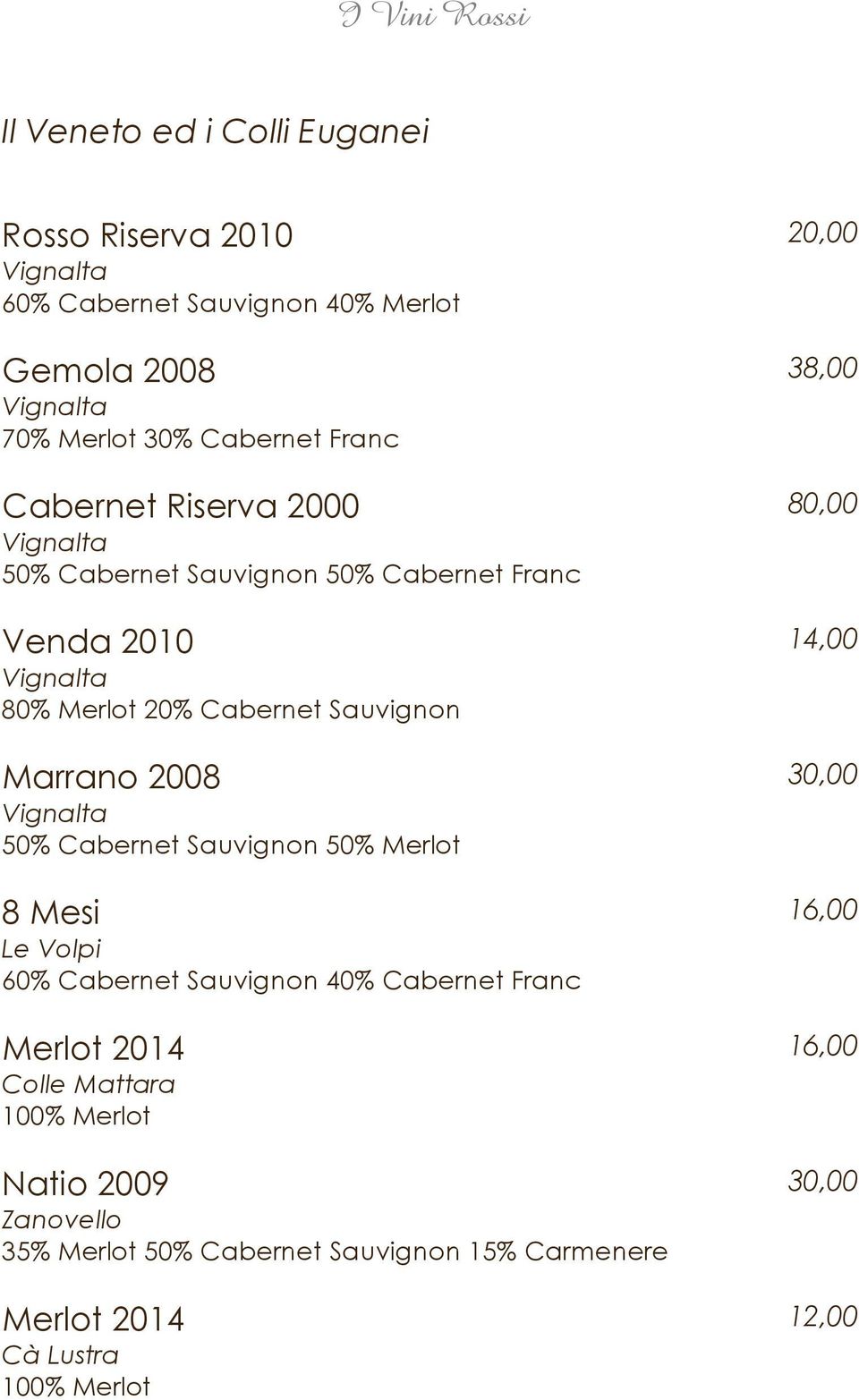 Marrano 2008 Vignalta 50% Cabernet Sauvignon 50% Merlot 8 Mesi Le Volpi 60% Cabernet Sauvignon 40% Cabernet Franc Merlot 2014 Colle Mattara 100%