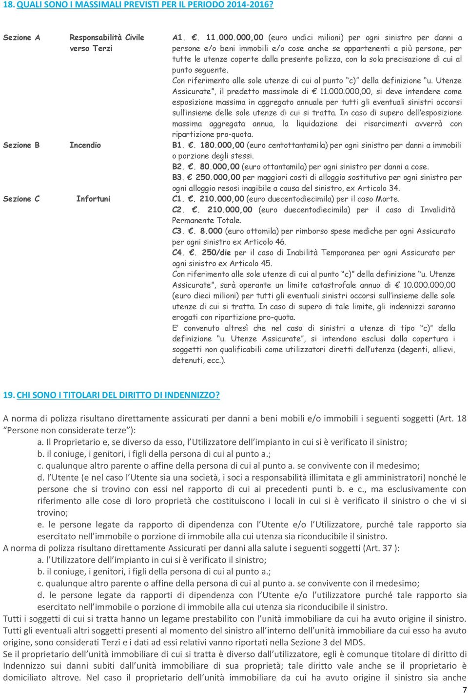 precisazione di cui al punto seguente. Con riferimento alle sole utenze di cui al punto c) della definizione u. Utenze Assicurate, il predetto massimale di 11.000.