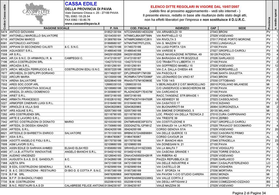 MAZZINI 12 27053 LUNGAVILLA PV 1 5393 APPIANI DI SECONDINO CALISTI & C. S.N.C. 01746370186 01746370186 VIA LUIGI PORTA 12/A 27100 PAVIA PV 1 4309 AQUAGEST S.R.L. 01486540188 01486540188 VIA VARESE 9 27027 GROPELLO CAIROLI PV 9 7358 AR S.