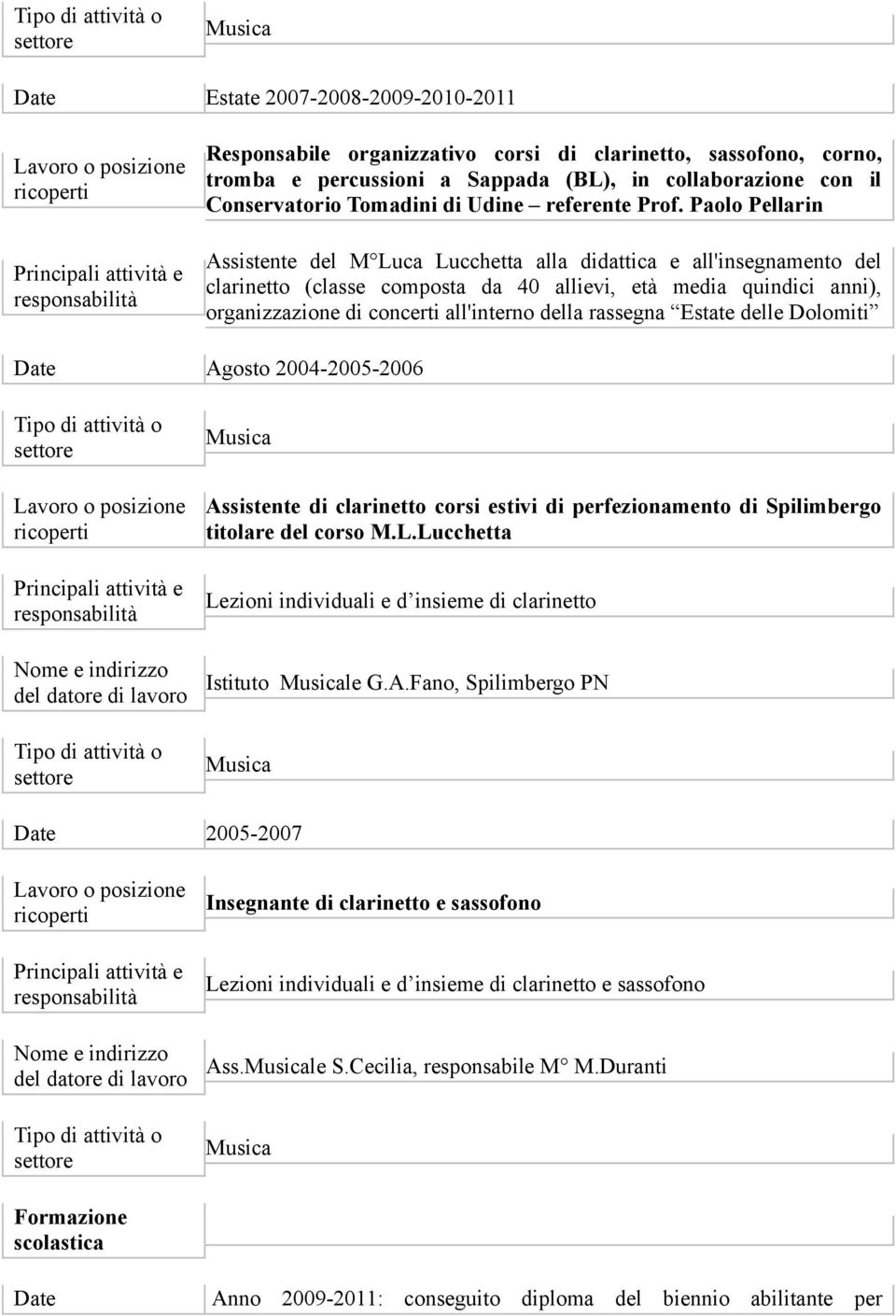 Paolo Pellarin Assistente del M Luca Lucchetta alla didattica e all'insegnamento del clarinetto (classe composta da 40 allievi, età media quindici anni), organizzazione di concerti all'interno della