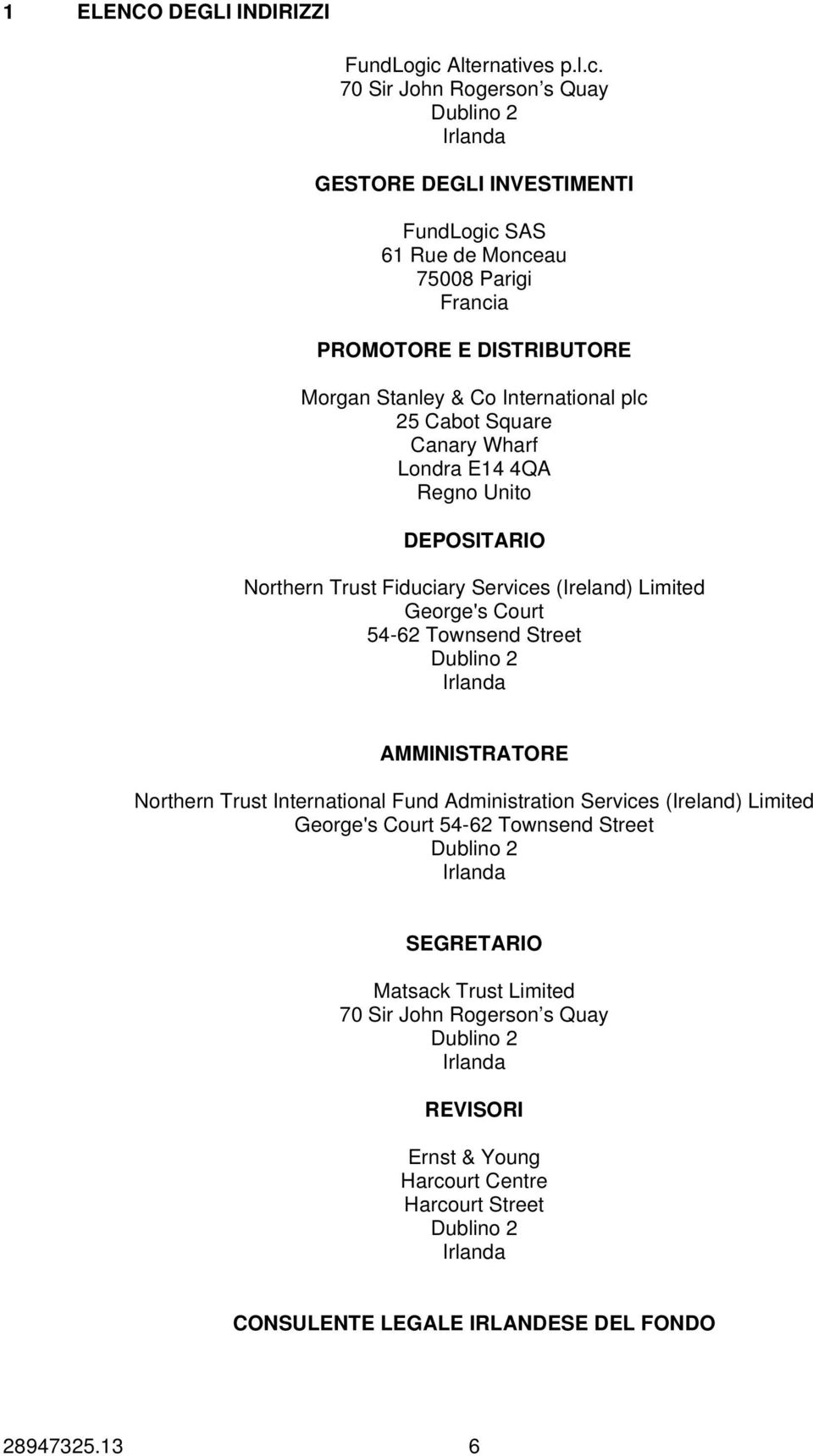 70 Sir John Rogerson s Quay Dublino 2 Irlanda GESTORE DEGLI INVESTIMENTI FundLogic SAS 61 Rue de Monceau 75008 Parigi Francia PROMOTORE E DISTRIBUTORE Morgan Stanley & Co International plc 25