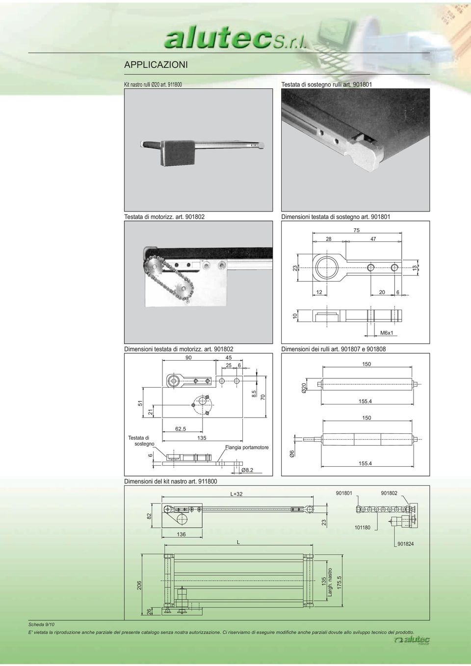 5 Testata sostegno 135 Flangia portamotore 6 Ø6 Ø.2 5.4 Dimensioni del kit nastro art. 910 L+32 901 902 L 135 Largh. nastro 175.