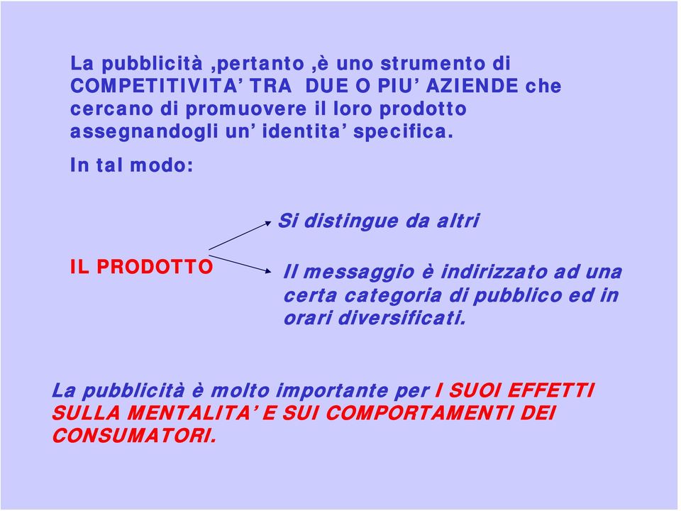 In tal modo: Si distingue da altri IL PRODOTTO Il messaggio è indirizzato ad una certa categoria di