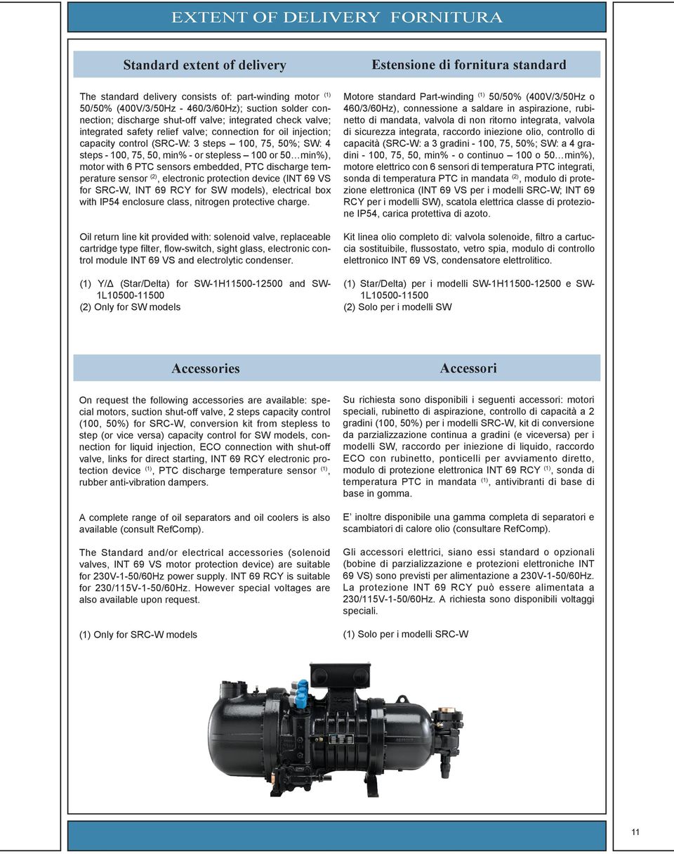 min% - or stepless 100 or 50 min%), motor with 6 PTC sensors embedded, PTC discharge temperature sensor (2), electronic protection device (INT 69 VS for SRC-W, INT 69 RCY for SW models), electrical