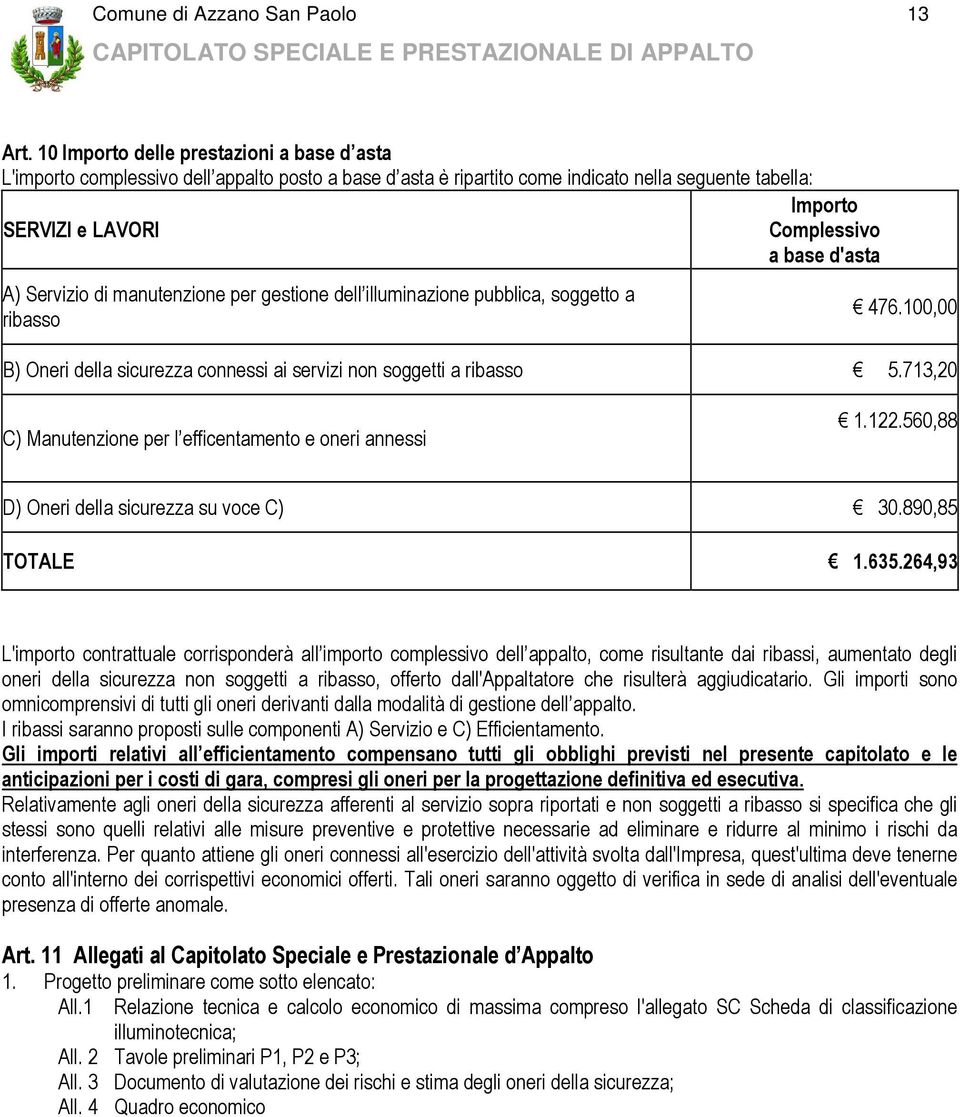 A) Servizio di manutenzione per gestione dell illuminazione pubblica, soggetto a ribasso 476.100,00 B) Oneri della sicurezza connessi ai servizi non soggetti a ribasso 5.