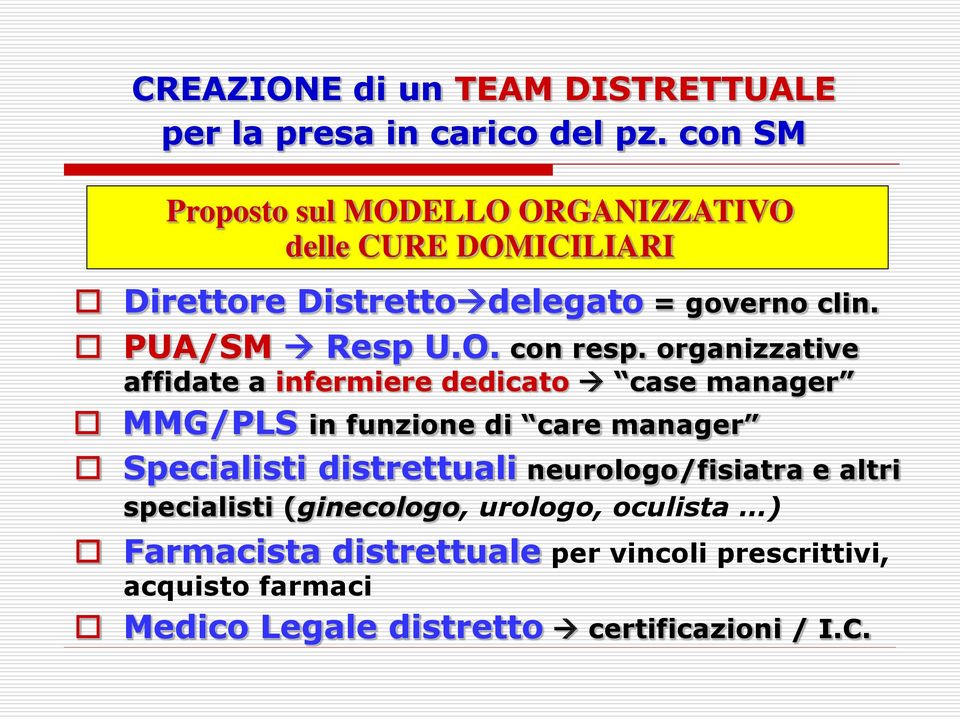 organizzative affidate a infermiere dedicato case manager MMG/PLS in funzione di care manager Specialisti distrettuali