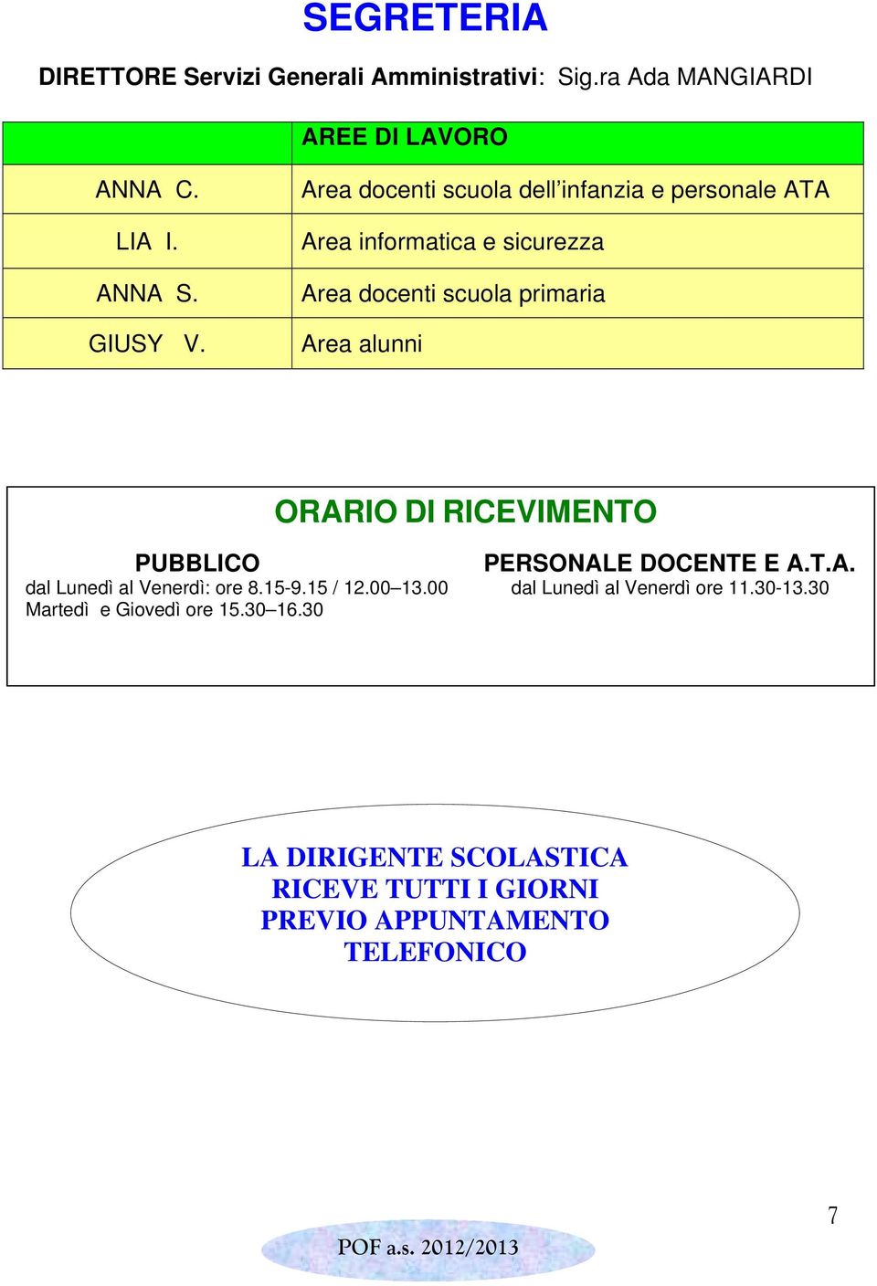 PUBBLICO ORARIO DI RICEVIMENTO PERSONALE DOCENTE E A.T.A. dal Lunedì al Venerdì: ore 8.15-9.15 / 12.00 13.