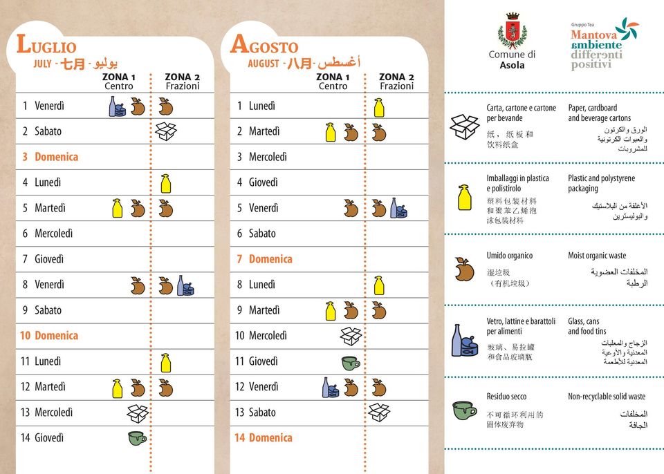 Plastic and polystyrene packaging 5 5 6 6 7 7 Domenica Umido organico Moist organic waste 8 8 9 10 Domenica 9 10 Vetro,