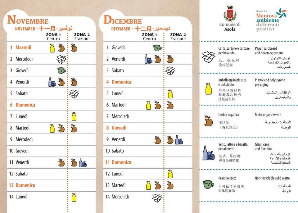polistirolo Plastic and polystyrene packaging 5 5 6 Domenica 6 7 7 Umido organico Moist organic waste 8 8 9 10 9 10 Vetro,