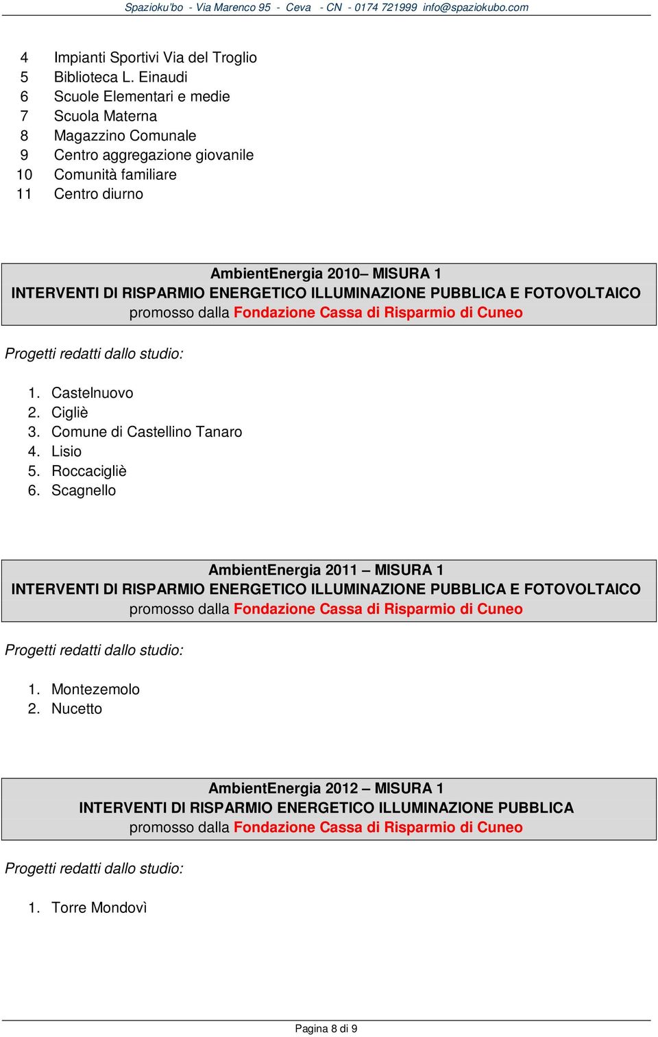 2010 MISURA 1 INTERVENTI DI RISPARMIO ENERGETICO ILLUMINAZIONE PUBBLICA E FOTOVOLTAICO 1. Castelnuovo 2. Cigliè 3. Comune di Castellino Tanaro 4. Lisio 5.