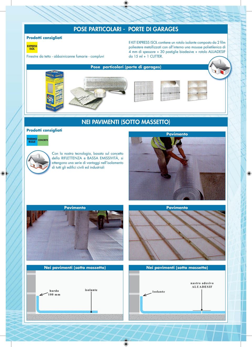 Pose particolari (porte di garages) NEI PAVIMENTI (SOTTO MASSETTO) Prodotti consigliati Pavimento CONCRETE BULLE Con la nostra tecnologia, basata sul concetto della RIFLETTENZA e BASSA