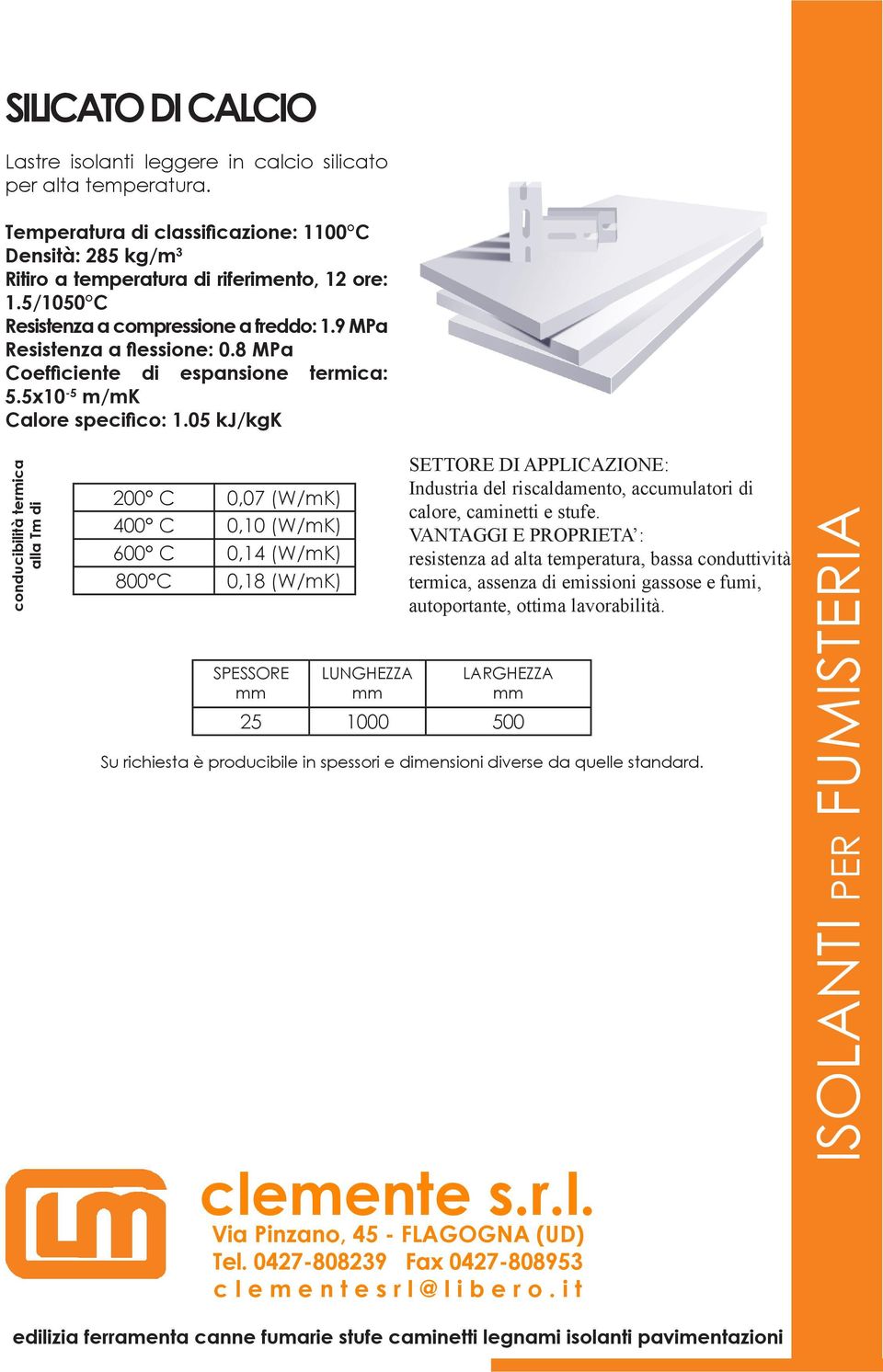05 kj/kgk alla Tm di 200 C 0,07 (W/mK) 400 C 0,10 (W/mK) 600 C 0,14 (W/mK) 800 C 0,18 (W/mK) LUNGHEZZA LARGHEZZA 25 1000 500 Su richiesta è producibile in spessori e dimensioni diverse da quelle