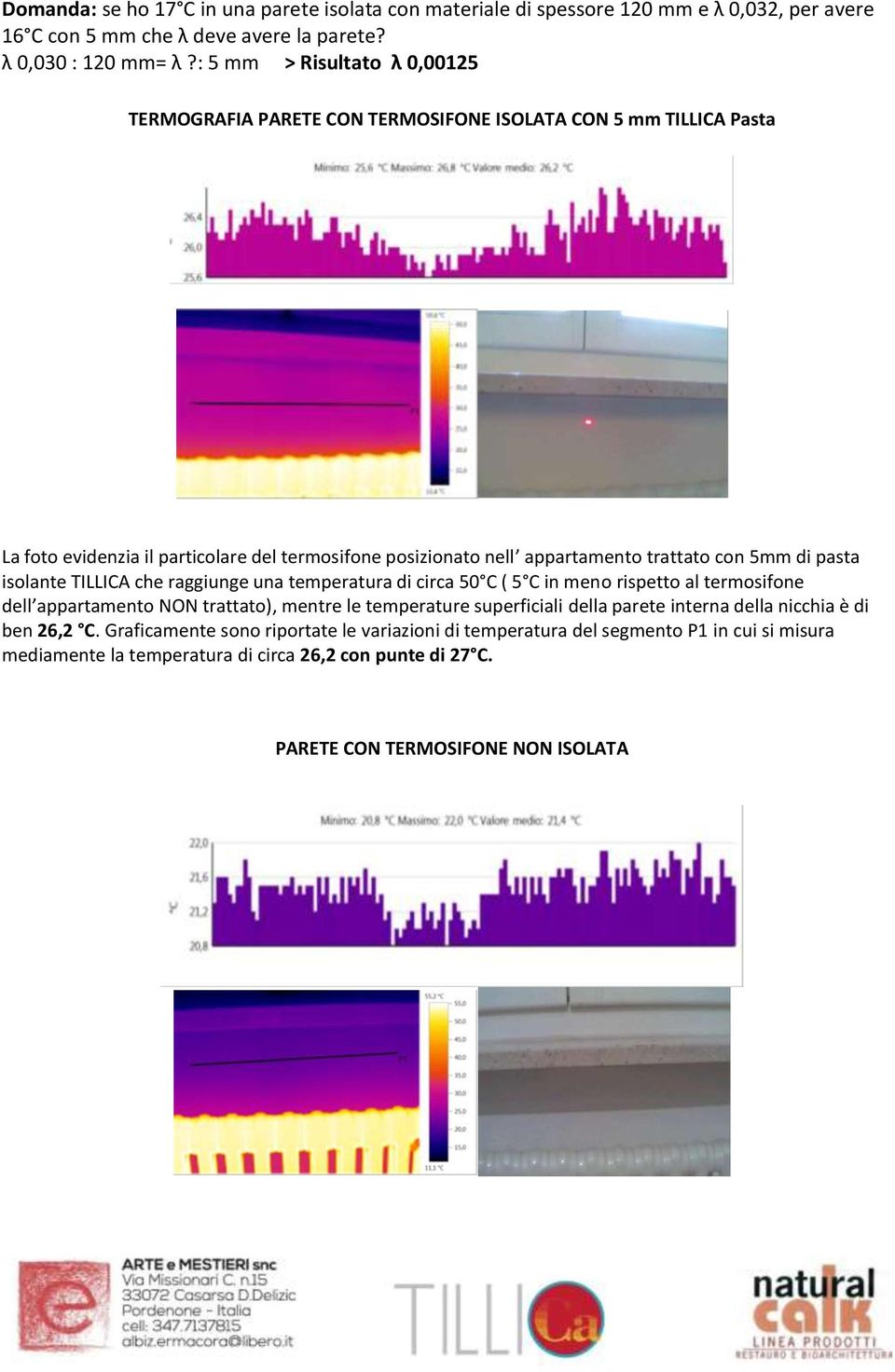 5mm di pasta isolante TILLICA che raggiunge una temperatura di circa 50 C ( 5 C in meno rispetto al termosifone dell appartamento NON trattato), mentre le temperature superficiali della