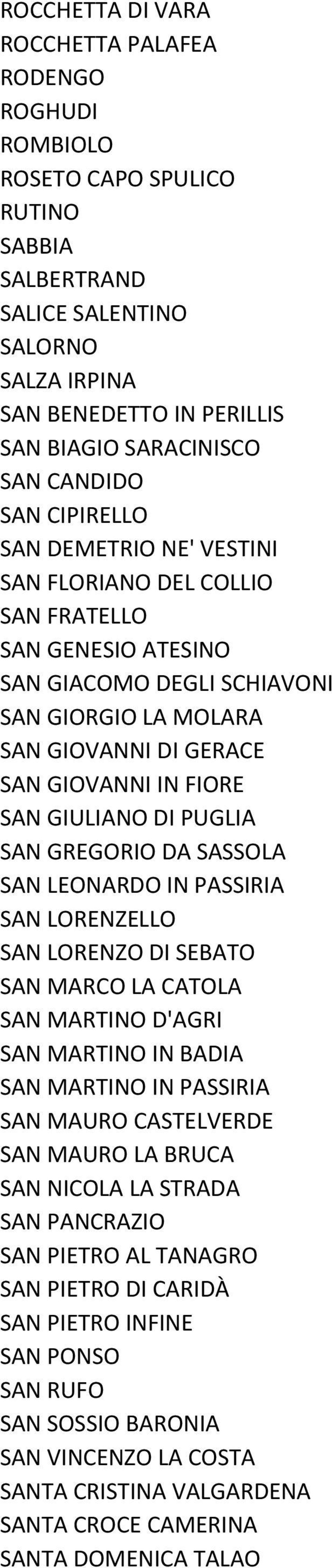 SAN GIULIANO DI PUGLIA SAN GREGORIO DA SASSOLA SAN LEONARDO IN PASSIRIA SAN LORENZELLO SAN LORENZO DI SEBATO SAN MARCO LA CATOLA SAN MARTINO D'AGRI SAN MARTINO IN BADIA SAN MARTINO IN PASSIRIA SAN