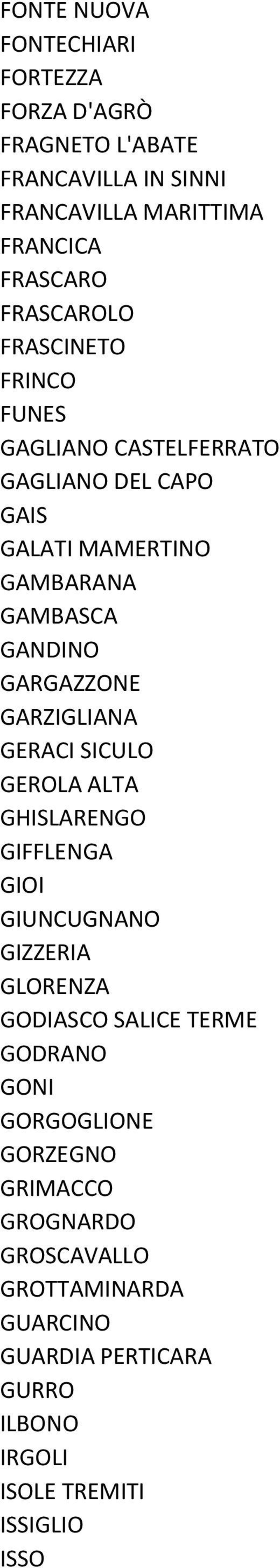 GARGAZZONE GARZIGLIANA GERACI SICULO GEROLA ALTA GHISLARENGO GIFFLENGA GIOI GIUNCUGNANO GIZZERIA GLORENZA GODIASCO SALICE TERME