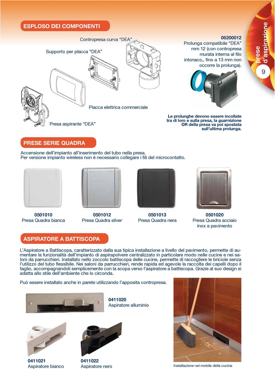 prolunga. PRESE SERIE QUADRA Accensione dell impianto all inserimento del tubo nella presa. Per versione impianto wireless non è necessario collegare i fili del microcontatto.