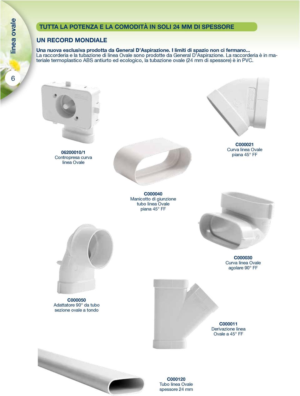 La raccorderia è in materiale termoplastico ABS antiurto ed ecologico, la tubazione ovale (24 mm di spessore) è in PVC.