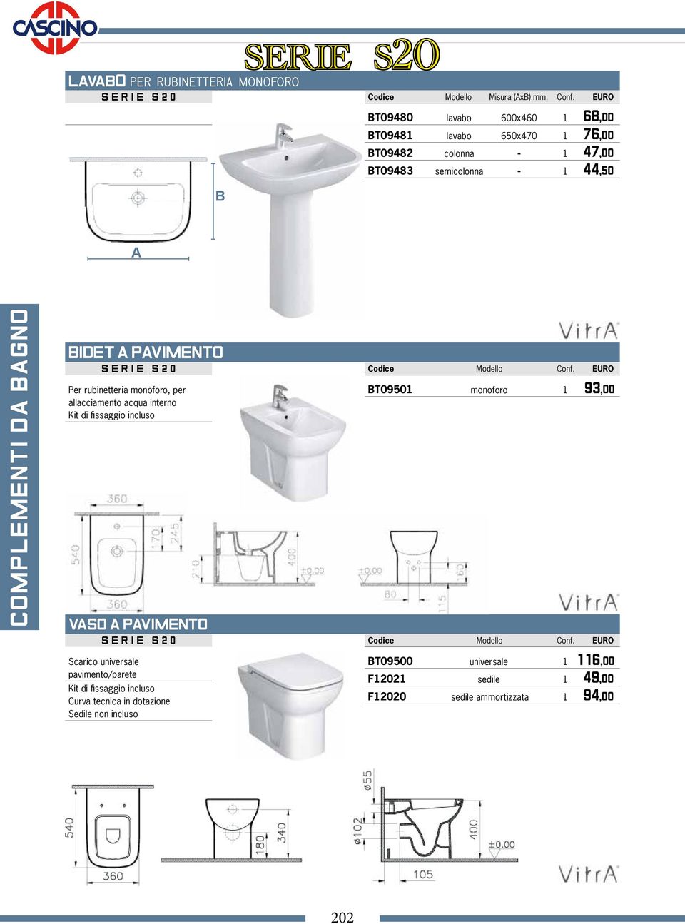 rubinetteria monoforo, per allacciamento acqua interno Kit di fissaggio incluso VASO A PAVIMENTO SERIE S20 Codice Modello Conf.