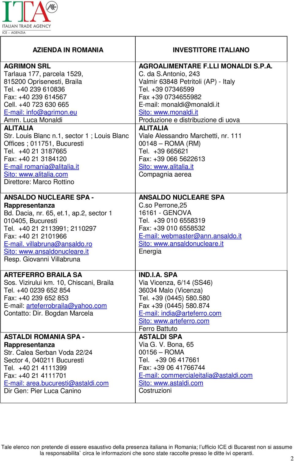 it Sito: www.alitalia.com Direttore: Marco Rottino ANSALDO NUCLEARE SPA - Rappresentanza Bd. Dacia, nr. 65, et.1, ap.2, sector 1 010405, Bucuresti Tel.