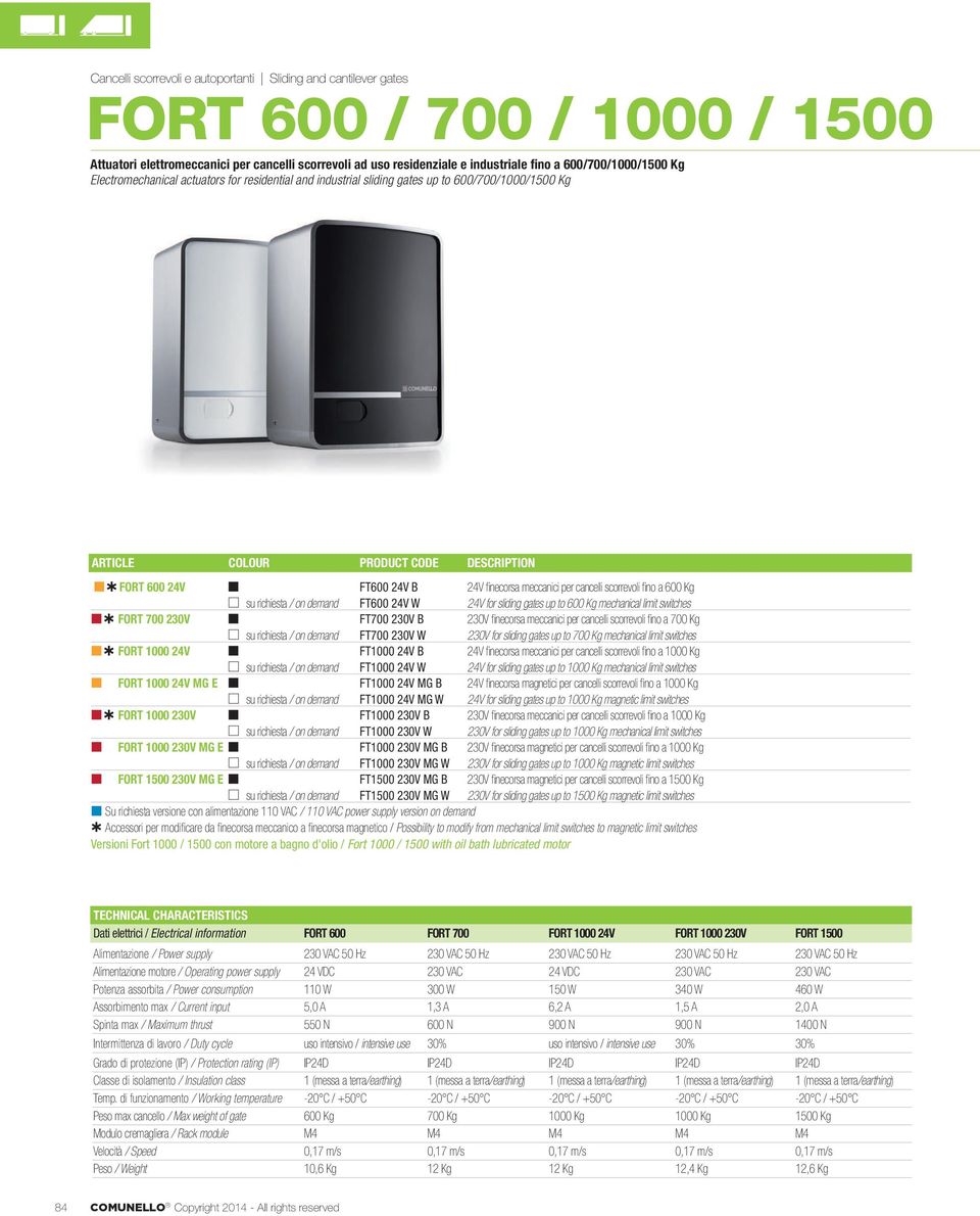 necorsa meccanici per cancelli scorrevoli fi no a 600 Kg su richiesta / on demand FT600 24V W 24V for sliding gates up to 600 Kg mechanical limit switches FORT 700 230V FT700 230V B 230V fi necorsa