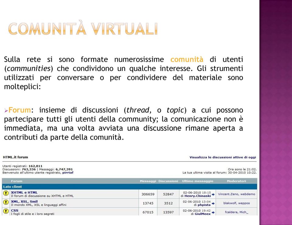 Gli strumenti utilizzati per conversare o per condividere del materiale sono molteplici: Forum: insieme di