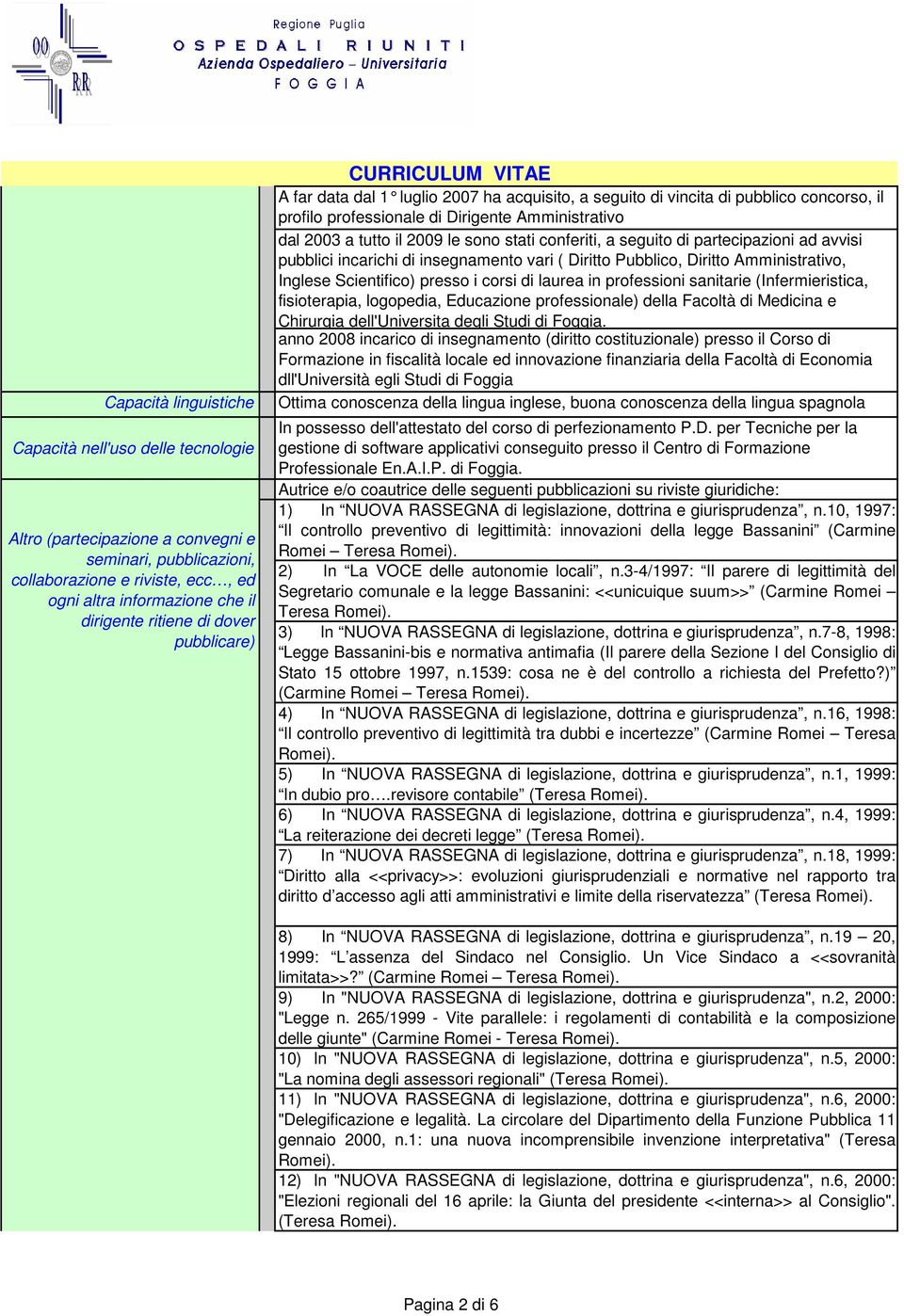 2009 le sono stati conferiti, a seguito di partecipazioni ad avvisi pubblici incarichi di insegnamento vari ( Diritto Pubblico, Diritto Amministrativo, Inglese Scientifico) presso i corsi di laurea