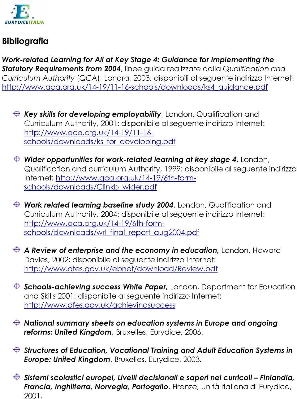 pdf Key skills for developing employability, London, Qualification and Curriculum Authority, 2001: disponibile al seguente indirizzo Internet: http://www.qca.org.