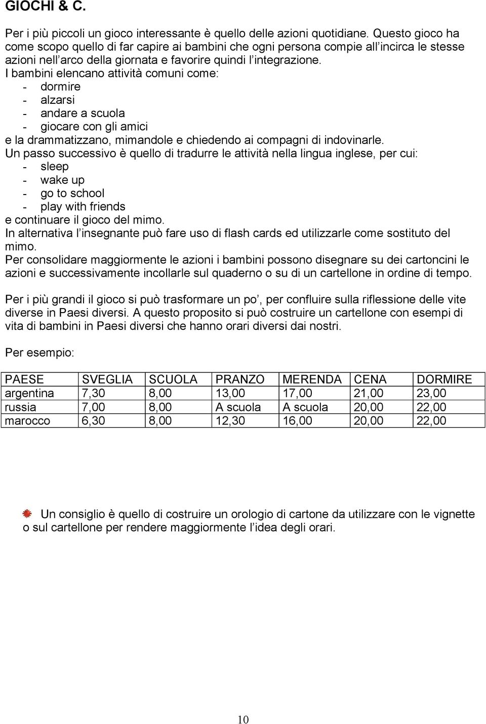 I bambini elencano attività comuni come: - dormire - alzarsi - andare a scuola - giocare con gli amici e la drammatizzano, mimandole e chiedendo ai compagni di indovinarle.